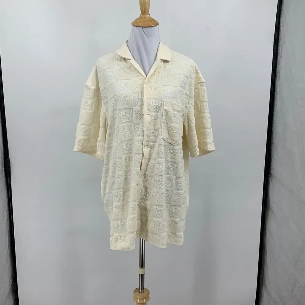 H&M Smiley Shirt Women M Medium Baby Yellow Button Up Relaxed Fit Terry Embossed